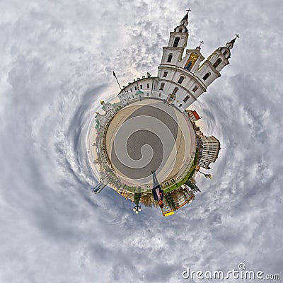 Little Planet Panorama of Holy Spirit Cathedral, Minsk, Belarus Stock Photo