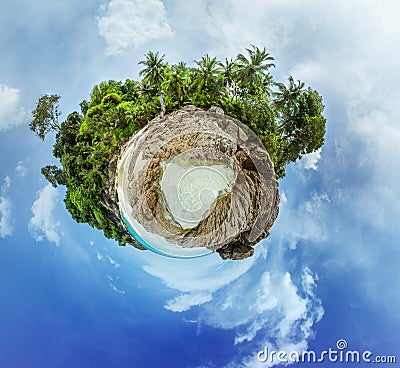 Little planet panorama on white sandy beach Stock Photo