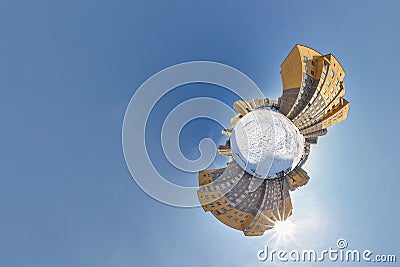Little planet. Spherical aerial 360 panorama view high-rise building area urban development residential quarter butterfly in Stock Photo