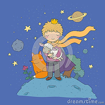 The Little Prince.A fairy tale about a boy, a rose, a planet and a fox. Vector Illustration