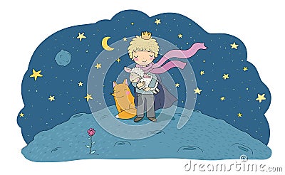 The Little Prince.A fairy tale about a boy, a rose, a planet and a fox. Vector Illustration