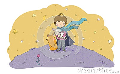 The Little Prince.A fairy tale about a boy, a rose, a planet and a fox. Vector Illustration