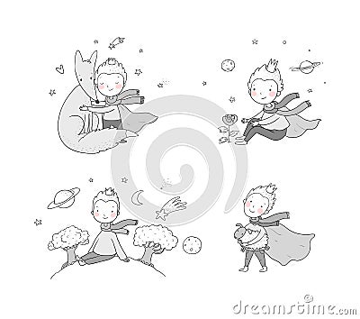 The Little Prince.A fairy tale about a boy, a rose, a planet and a fox. Vector Illustration