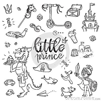 Little prince funny graphic set. Boy in armor and cloak, sword, Stock Photo
