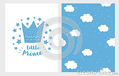 Little Prince. Hand Drawn Baby Shower Vector Illustriation Set.Blue Crown, Stars and Letters on a White Background. Vector Illustration