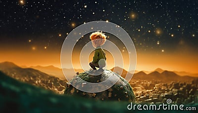 The Little Prince in her asteroid viewing the firmament full of stars Cartoon Illustration