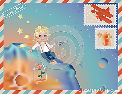 The Little Prince, boy cartoon on his planet sitting near rose. Greeting or baby shower Vector Illustration