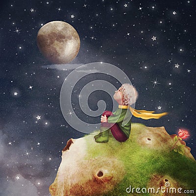 The Little Prince with a rose on a planet in beautiful night sky Cartoon Illustration