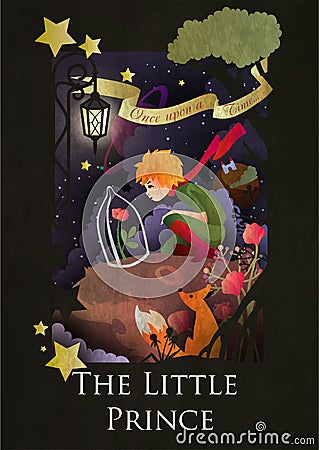 The Little Prince, the Rose under the Glass Globe and the Fox Vector Illustration