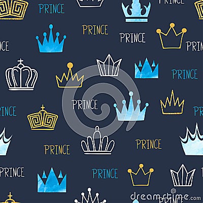 Little prince seamless pattern with watercolor and glittering crowns. Vector Illustration