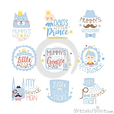 Little Prince Set Of Prints For Infant Boy Room Or Clothing Design Templates In Pink And Blue Color Vector Illustration