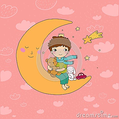 The little prince is sitting on the moon. Cute cartoon kid with toys. A boy with a teddy bear and a bunny. Time to sleep Vector Illustration