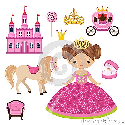 Little Princess, castle and carriage Vector Illustration