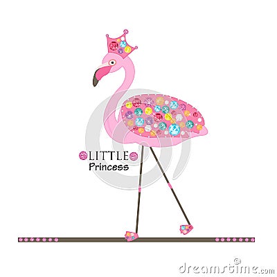 Little Princess. Flamingo. Princess or queen flamingo. Colorful shining diamonds. Fashion design Vector Illustration
