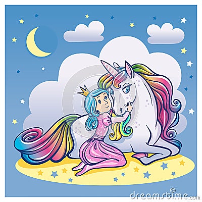 Little Princess Girl and Cute Unicorn, illustration Cartoon Illustration