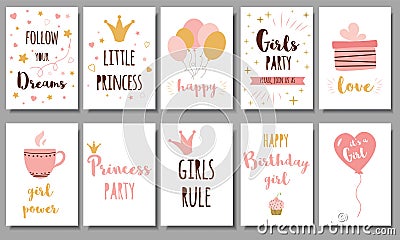 Little princess posters set Girls party Invitation crown Birthday Text Phrases Quote Pink girl collection quote Vector Cartoon Illustration