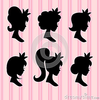 Little princesses vector portrait. Young girl faces with crown black profiles Vector Illustration