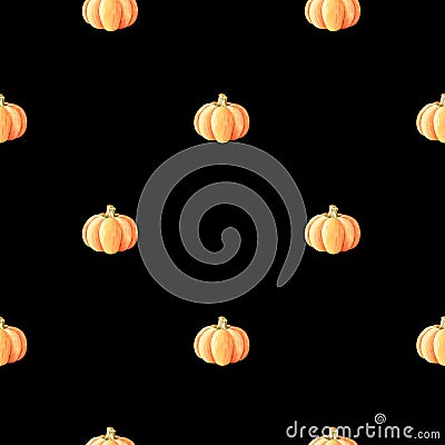 Little pumpkins seamless pattern. Watercolor illustration. Isolated on a black background. Cartoon Illustration