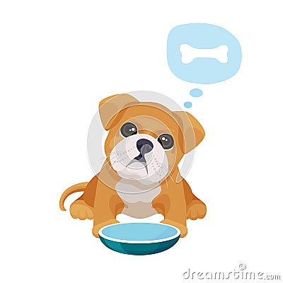 Little puppy with big eyes sits near empty bowl Vector Illustration