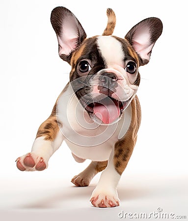 Little puppy dog is running and jumping. Cute playful braun puppy playing in studio background. Stock Photo