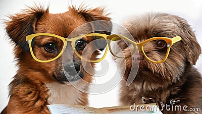 Two little puppy dogs reading a book Stock Photo