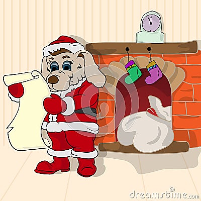 Little puppy in the role of Santa Claus Vector Illustration