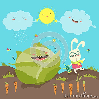 Little rabbit and cabbage field Vector Illustration