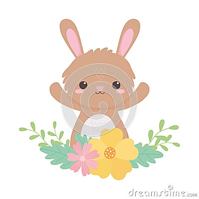 Little rabbit flowers leaves foliage cartoon animal Vector Illustration