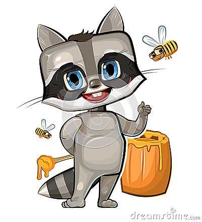 Little Raccoon eating honey from wooden barrel. Young cheerful beekeeper. Funny childish illustrations for print Vector Illustration