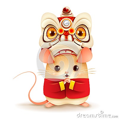 The Little Rat with Chinese New Year Lion Dance Head Vector Illustration