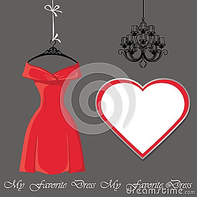 Little red dress with label and chandelier Vector Illustration