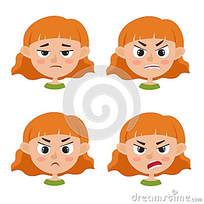 Little red-haired girl angry face expression isolated on white Vector Illustration