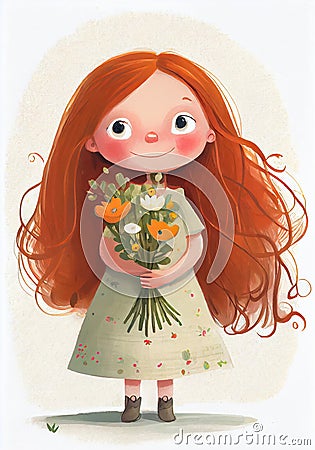 Little red-haired girl with a bouquet of wildflowers. Illustration for children's book. Generative AI Stock Photo