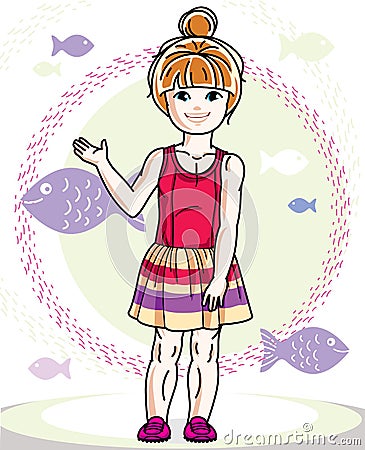 Little red-haired girl cute child toddler in casual clothes standing on marine backdrop with ocean and fishes. Vector pretty human Vector Illustration