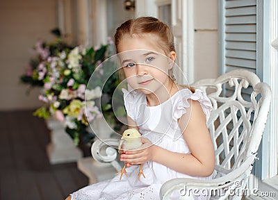 The little red-haired girl with pigtails holding a yellow chicken on a background of white houses and flowers Stock Photo