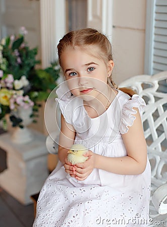 The little red-haired girl with pigtails holding a yellow chicken on a background of white houses and flowers Stock Photo