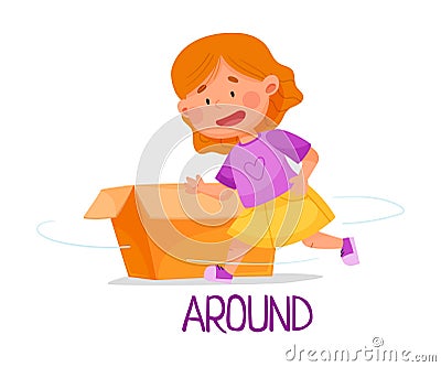 Little Red Haired Girl Running Around Carton Box as Preposition of Movement Vector Illustration Vector Illustration