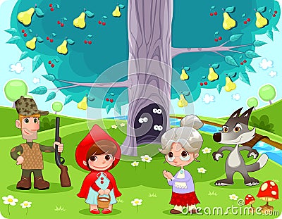 Little Red Hiding Hood scene. Vector Illustration