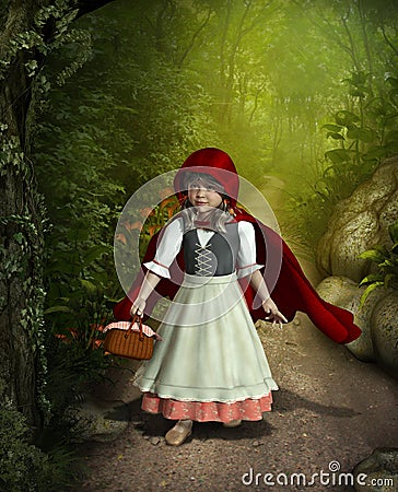 Little Red Riding Hood Walking through the Forest Stock Photo