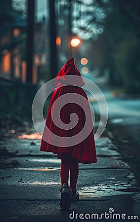 Little red riding hood walking on the road, seen to behind Stock Photo