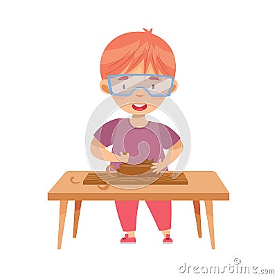 Little Redhead Boy in Protective Goggles at Table Woodworking Molding and Surfacing Timber Vector Illustration Vector Illustration