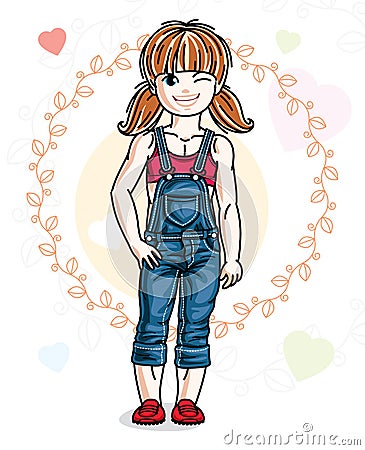 Little redhead cute child in wearing different casual clothes an Vector Illustration