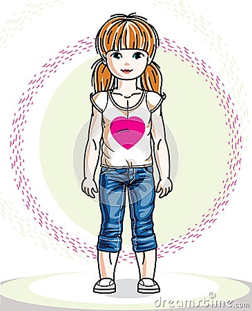 Little redhead girl toddler standing in fashionable casual clothes. Cartoon Illustration