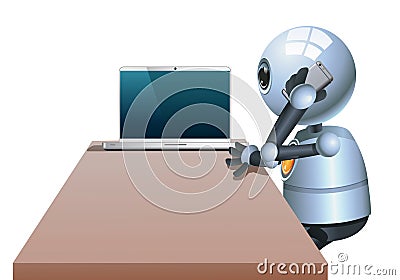 Little robot businessman call while working Vector Illustration