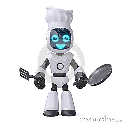 Little robot cook holding cooking pan, chef robot 3d rendering Cartoon Illustration
