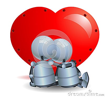 Little robot couple romance on isolated white background Vector Illustration