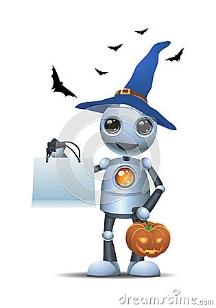 Little robot in halloween carrying carved pumpkin Vector Illustration