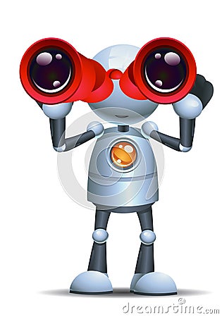 Little robot hold binocular on isolated white background Vector Illustration