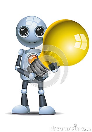 Little robot hold bulb on isolated white background Vector Illustration