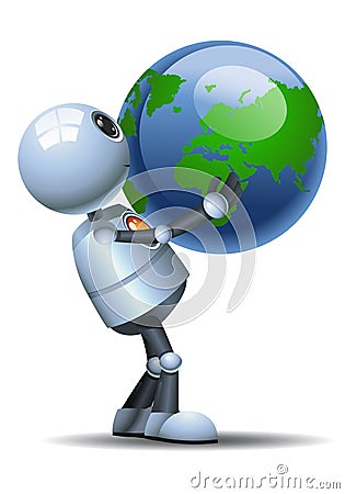 Little robot hold globe on white background Vector Illustration